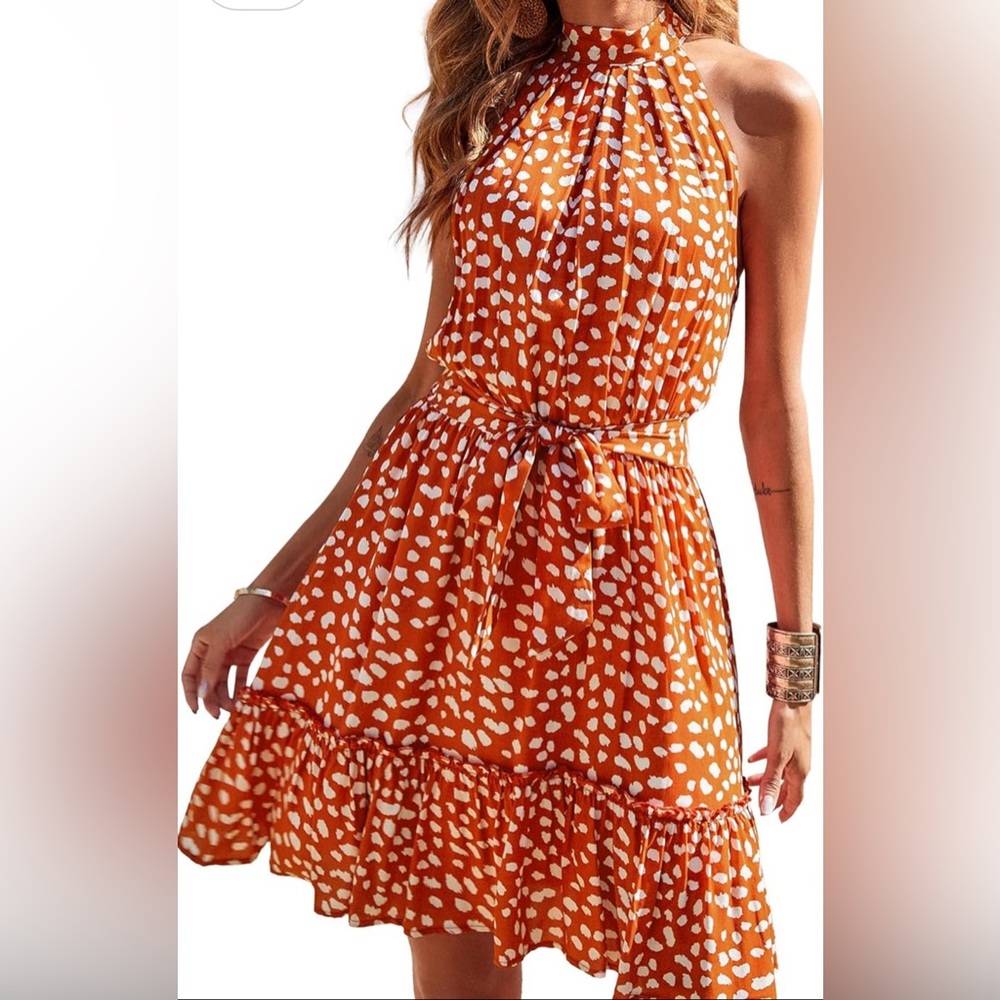 BTFBM Halter Dress Red White Dots Size XL Long Length Tie Neck Lined New Tags